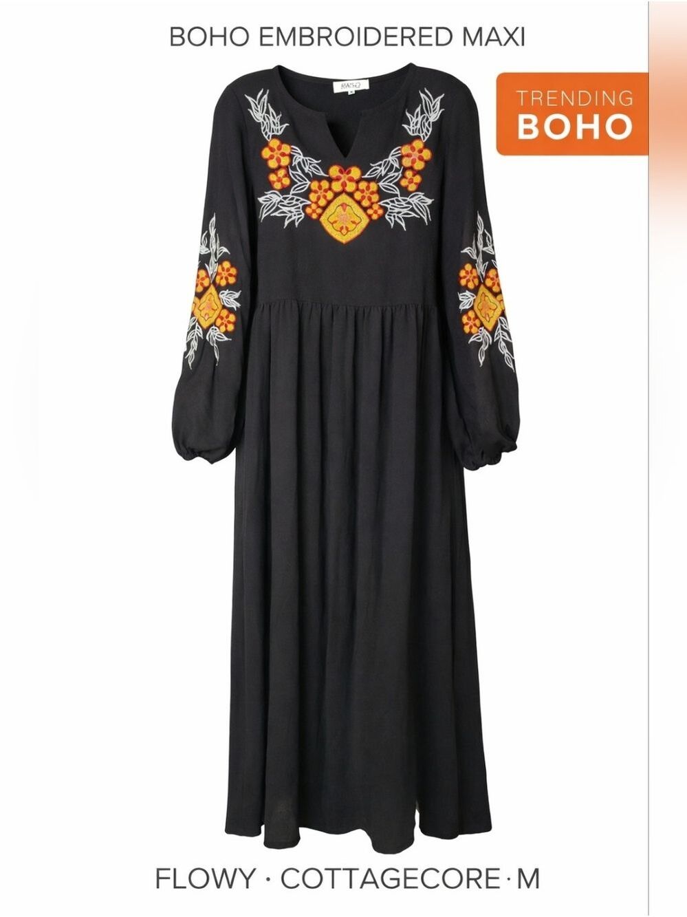 BNSQ Embroidered Boho Maxi Dress Black Floral Long Sleeve Peasant Size Medium
